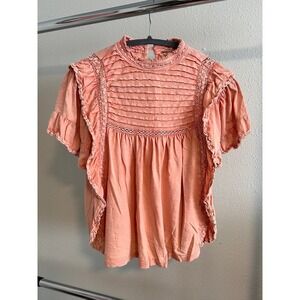 Free People Le Femme Crochet Ruffle Knit Top Lace Trim Cotton  Msrp$98